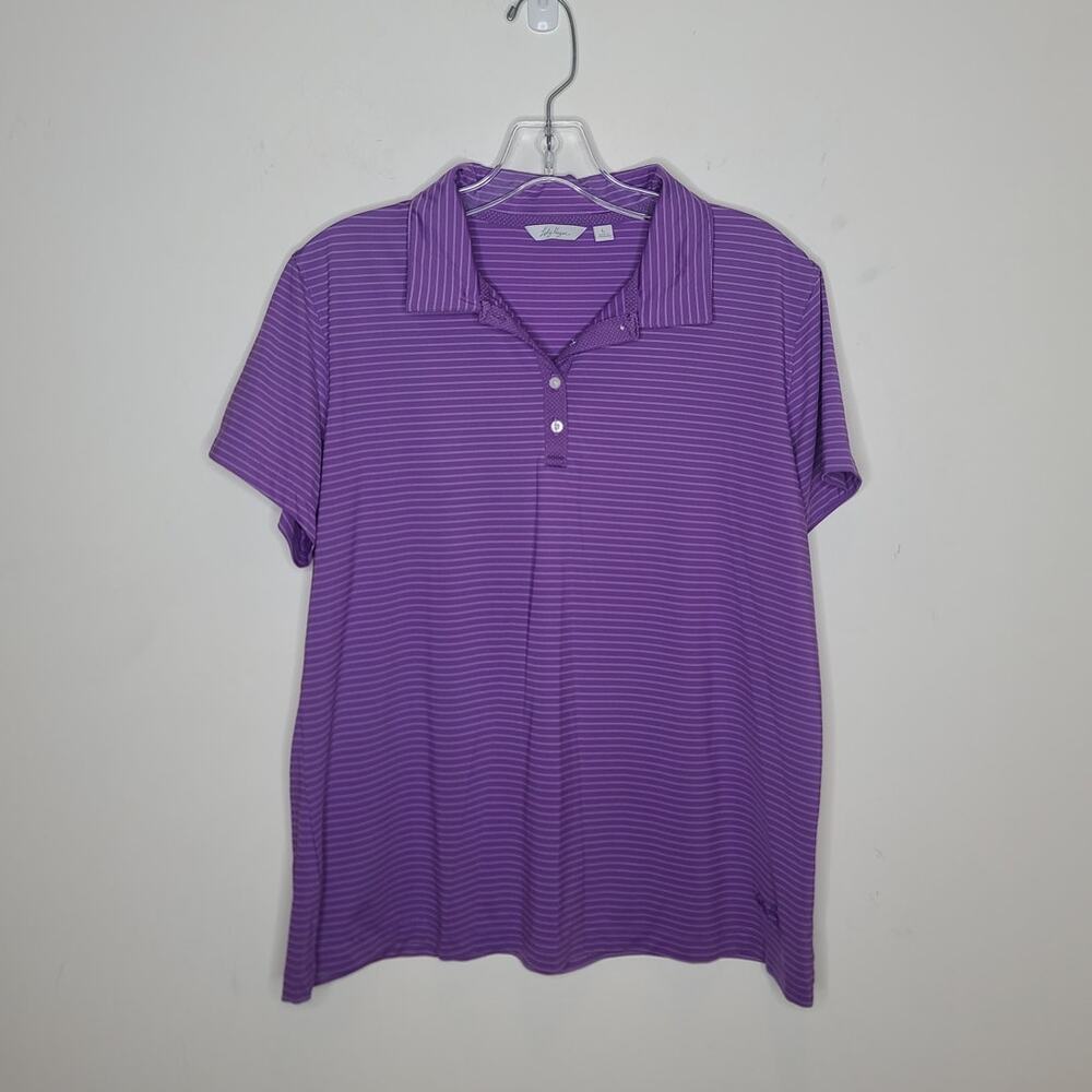 Lady Hagen purple white striped short sleeve polo shirt - large